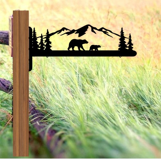 Bear and Cub with Mountains and Trees Address Hangers - Bison Peak DesignsMetal Sign hanger