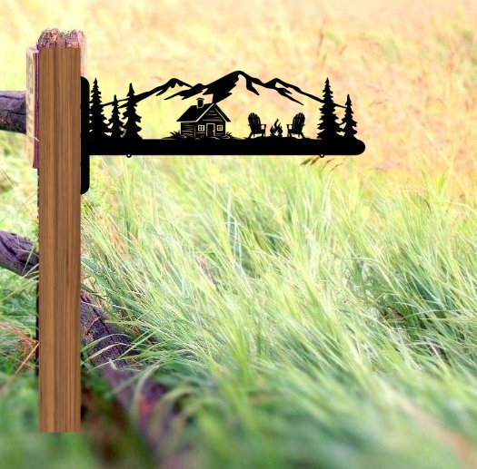 Cabin with Mountains and Trees Address Hangers - Bison Peak DesignsMetal Sign hanger