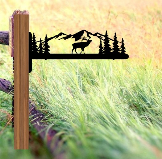 Elk with Mountains and Trees Address Hangers - Bison Peak DesignsMetal Sign hanger