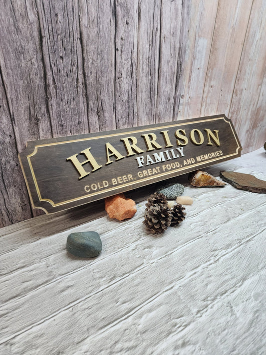 Routed Personalized Wood Family Name Sign with Gold Text - Bison Peak DesignsFamily Name